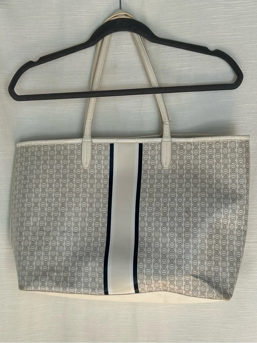 Tory Burch Cream Classic Preppy Logo-Print Tote with Navy Stripe
